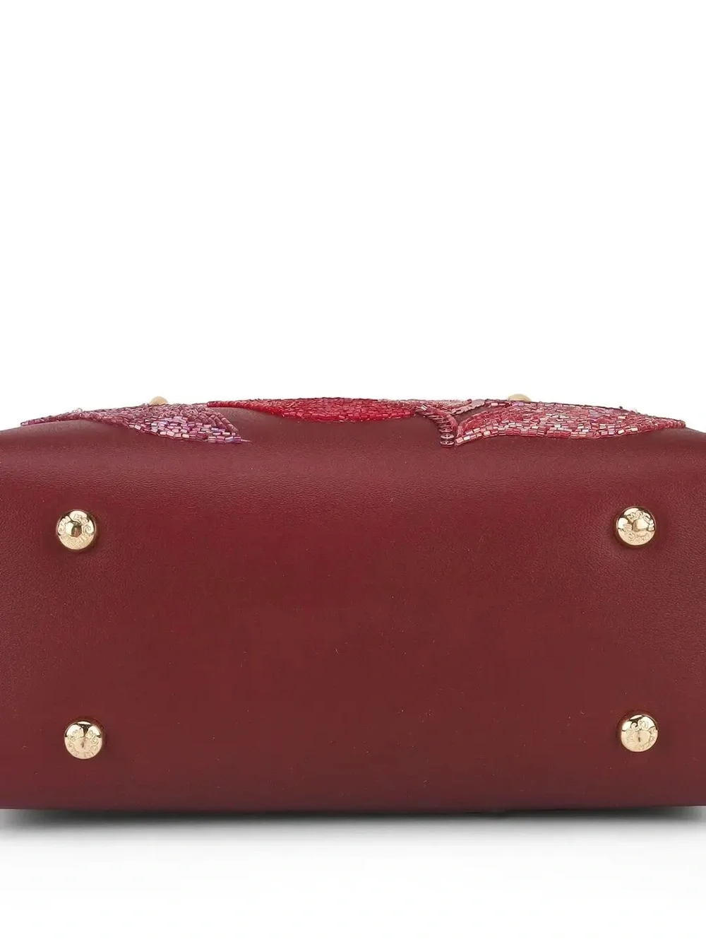 Embellished Burgundy Leaf-Accent Top-Handle Satchel